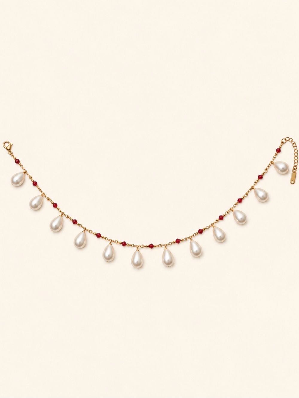 Gold Pearl Teardrop Necklace with Ruby Accent Beads